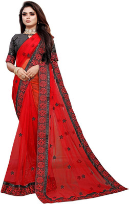 ALAGINI Temple Border, Embroidered Daily Wear Net, Supernet Saree(Grey)
