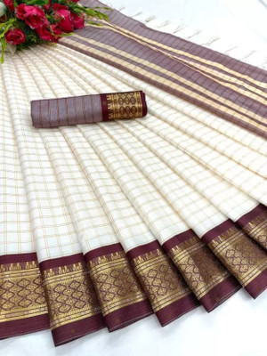 sanvi Woven, Checkered, Embellished, Self Design Daily Wear Jacquard, Cotton Silk Saree(White)