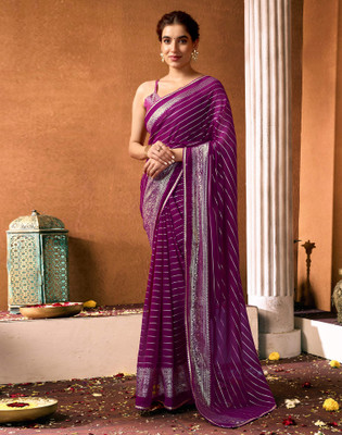 Samah Printed, Temple Border, Embellished Bollywood Georgette Saree(Purple)