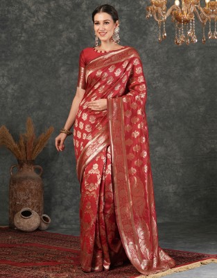 Samah Self Design, Woven, Embellished Banarasi Silk Blend, Jacquard Saree(Red)