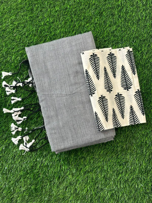 HouseOfCommon Solid/Plain, Printed Kalamkari Handloom Pure Cotton Saree(Grey, White)