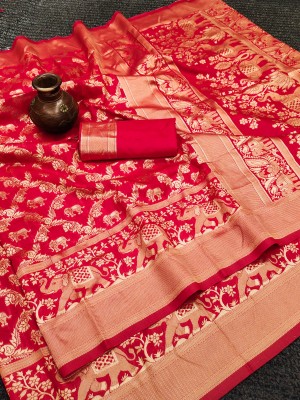 VERCO Woven Baluchari Silk Blend Saree(Red)