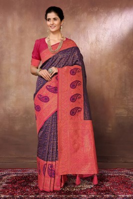 Tasrika Woven, Self Design Bollywood Silk Blend Saree(Dark Blue, Red)