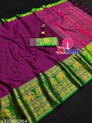 Dhami Applique, Woven, Embellished Narayanpet Cotton Silk Saree(Purple)