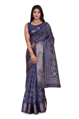 Aangan Silk Printed Daily Wear Cotton Blend Saree(Blue)