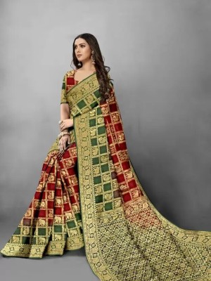 MSC TRENDLINE SAREES Checkered, Color Block, Self Design, Woven Bandhani Art Silk, Jacquard Saree(Red, Green)