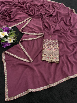 K 5 FASHION Embroidered, Solid/Plain Bollywood Chiffon Saree(Maroon)