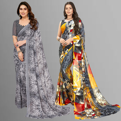 Anand Sarees Printed Bollywood Georgette Saree(Pack of 2, Grey)