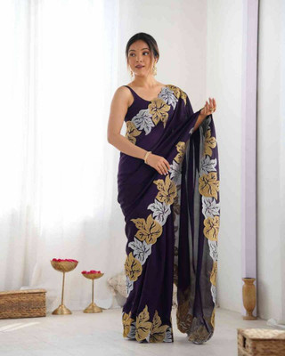 Khodiyar Embroidered, Solid/Plain Assam Silk Georgette Saree(Black)