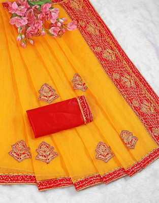 Dhanlaxmi Creation Embroidered, Embellished, Floral Print Chanderi Cotton Blend Saree(Yellow, Red)