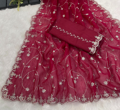 LAJEELEE Embroidered Bollywood Jimmy choo Saree(Red)