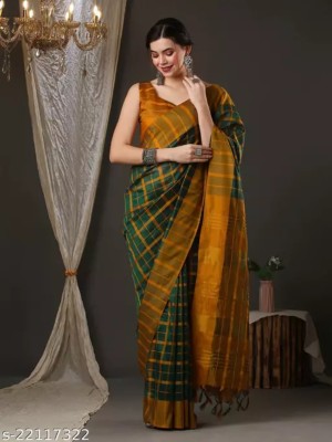 VJ FASHION Striped Bollywood Cotton Silk Saree(Orange)