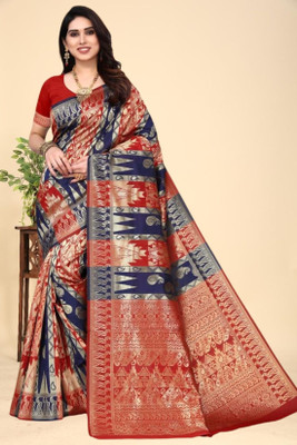 kevamifashion Self Design Kanjivaram Cotton Blend Saree(Red)