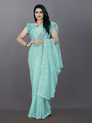 Bluebirdimpex Embellished Bollywood Georgette Saree(Light Blue)
