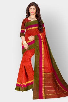 Naarinsari Woven Kanjivaram Pure Silk Saree(Orange, Dark Green)