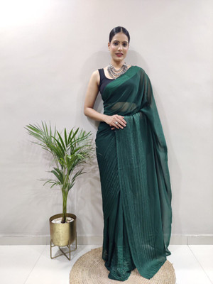 Bansari Textiles Embroidered, Printed, Solid/Plain, Self Design Daily Wear Silk Blend, Georgette Saree(Green)