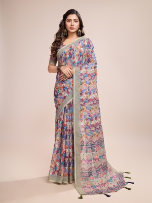 SHRIMAY Digital Print, Floral Print Bollywood Cotton Linen Saree(Multicolor, Beige)