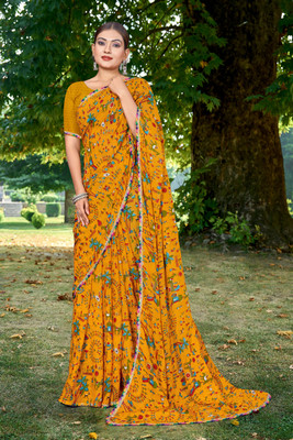 Grubstaker Geometric Print Daily Wear Georgette Saree(Yellow)