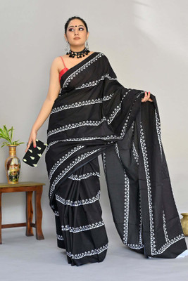 kriyafashion Digital Print Chanderi Cotton Linen Saree(Black)