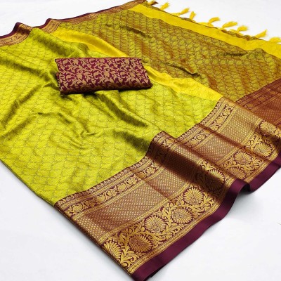 SHWENILA Woven Daily Wear Cotton Silk Saree(Yellow)