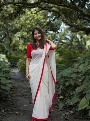 GOLDEENBEAUTY Printed Handloom Pure Cotton Saree(Red, White)