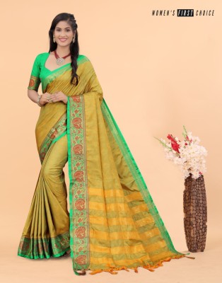 AVANTIKA FASHION Printed, Temple Border, Woven, Embellished Banarasi Art Silk, Cotton Silk Saree(Yellow, Green)