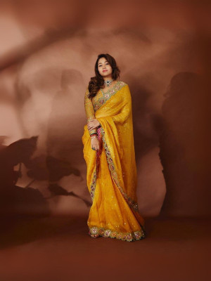 odette Embellished Saree with Attached Blouse Georgette Saree(Mustard)