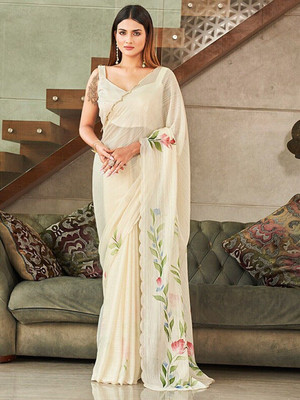 RAJESHWAR FASHION Floral Print Bollywood Polyester Saree(Cream)