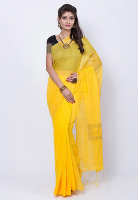 DPTEXTILE Self Design Handloom Cotton Blend Saree(Yellow)