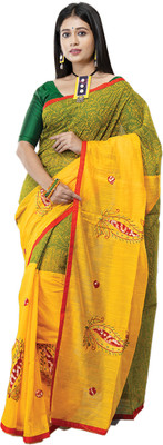 BongTrendz Printed Handloom Pure Cotton Saree(Yellow, Green)