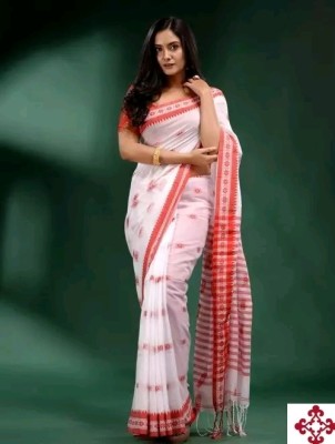 SMRITI HANDLOOM Woven Maheshwari Cotton Blend Saree(White)