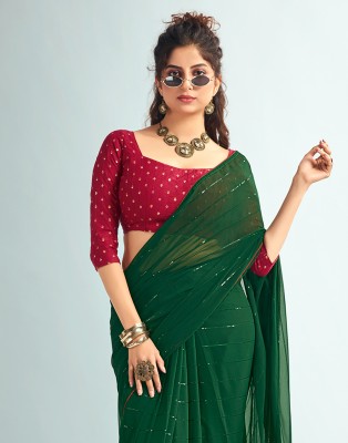 Samah Woven, Embellished Bollywood Georgette Saree(Dark Green)