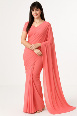 InkCraft Solid/Plain Saree with Attached Blouse Georgette Saree(Multicolor)
