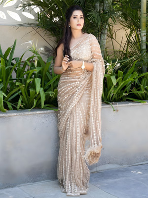ANOUK Printed Daily Wear Georgette Saree(Beige)