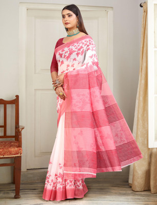 HouseOfCommon Printed Kanjivaram Pure Cotton, Chanderi Saree(White, Pink)