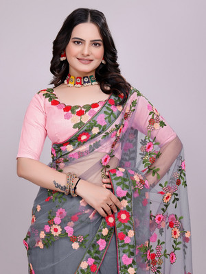 FAMOUS ZONE Embellished, Embroidered Bollywood Net Saree(Pack of 2, Grey, Pink)