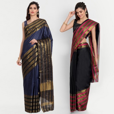 BAPS Self Design, Striped, Woven, Embellished, Solid/Plain Bollywood Cotton Blend, Art Silk Saree(Pack of 2, Black, Blue)