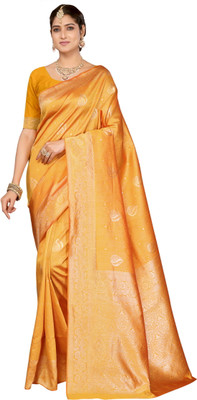 Emv Everymoment Vouge Solid/Plain Kanjivaram Art Silk Saree(Orange)