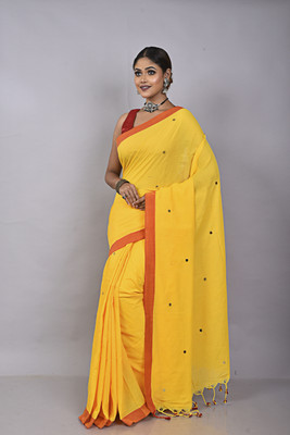 Tant Story Solid/Plain Handloom Cotton Blend Saree(Yellow)