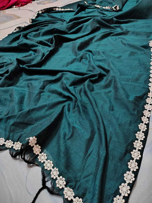 TWRIL Solid/Plain, Embroidered Handloom Cotton Blend Saree(Dark Green)