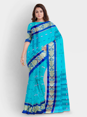 SONGITASAREE Woven, Printed Handloom Cotton Blend Saree(Blue)