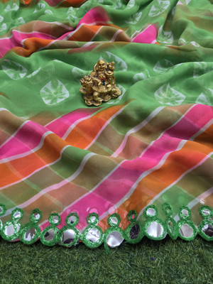 DrapeDhvani Striped, Tie-Dye Leheria Georgette Saree(Light Green)