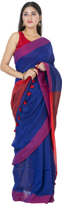 SAYAN CREATION Self Design Handloom Pure Cotton Saree(Dark Blue, Red)