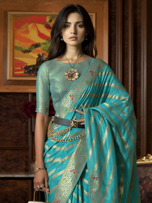 ANOUK Woven Leheria Organza Saree(Blue)