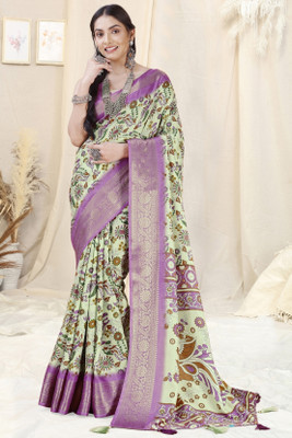 MIRCHI FASHION Printed, Embellished Kalamkari Cotton Silk, Silk Blend Saree(Light Green, Magenta)