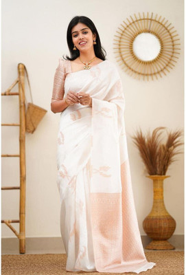 omtextile Woven, Solid/Plain Kasavu Jacquard, Silk Blend Saree(White)