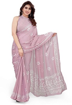 RAJESHWAR FASHION Printed Bhagalpuri Chiffon Saree(Pink, White)