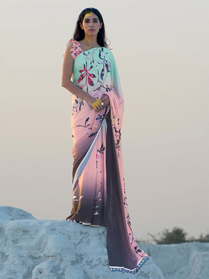 ANOUK Printed Daily Wear Crepe Saree(Pink, Orange)