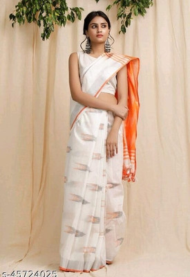 Manikant Handloom Printed Ikkat Cotton Blend Saree(White, Orange)