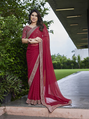 NIRMOHIFASHION Embroidered Bandhani Georgette Saree(Maroon)